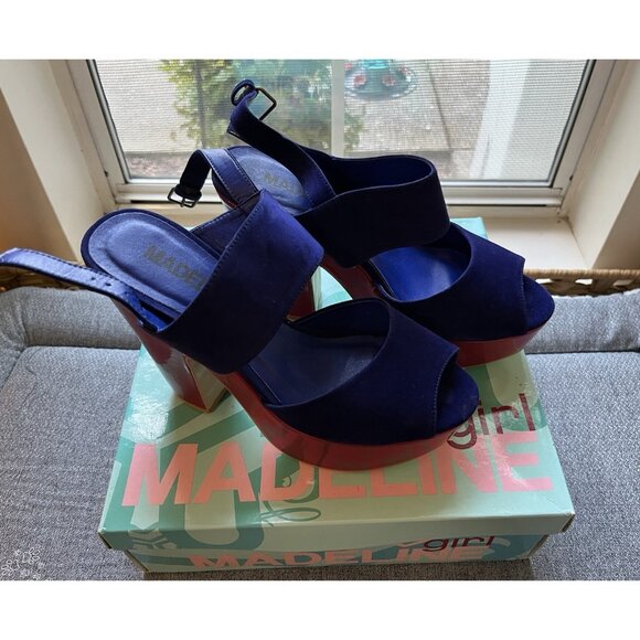 Madeline Girl WOMENS 7.5 Platform Twiggy Sandals Blue Velvet 70s Mod Retro Disco - Picture 2 of 16